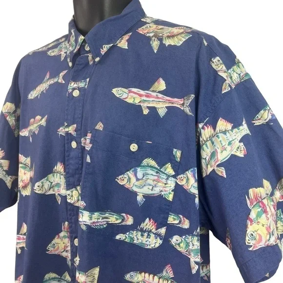 Chaps Ralph Lauren Short Sleeve Shirt All Over Fish Print Blue XL Vintage - Picture 3 of 7